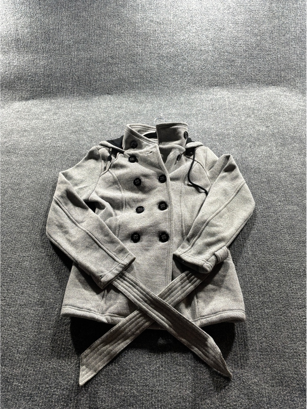 Sebby Women's Gray Double-Breasted Hooded Pea Coat with Belt